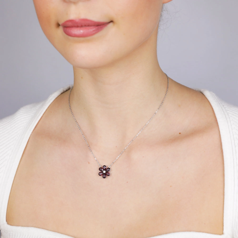 Sterling Silver Rhodium Plated Red Cubic Zirconia Flower Pendant On Chain