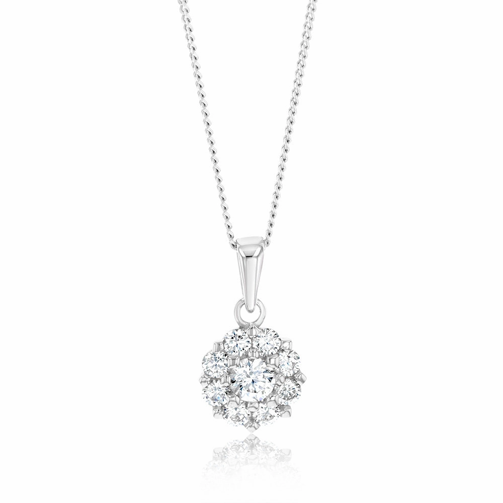 Sterling Silver Rhodium Plated Round White Cubic Zirconia Pendant