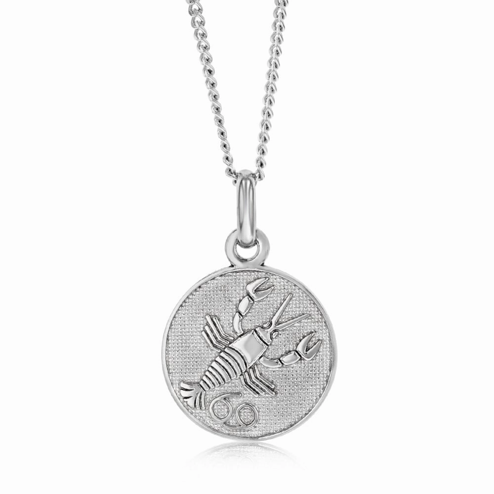 Sterling Silver Rhodium Plated Round Zodiac Cancer Pendant
