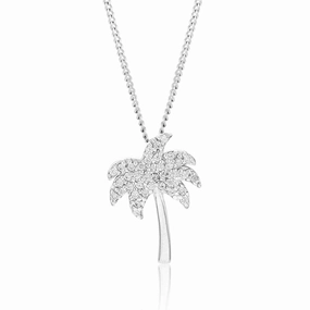 Sterling Silver Rhodium Plated White Cubic Zirconia Palm Tree Pendant