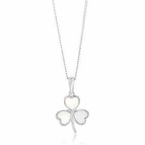 Sterling Silver Rhodium Plated White Shell Pearl Three Leaf Clover Pendant