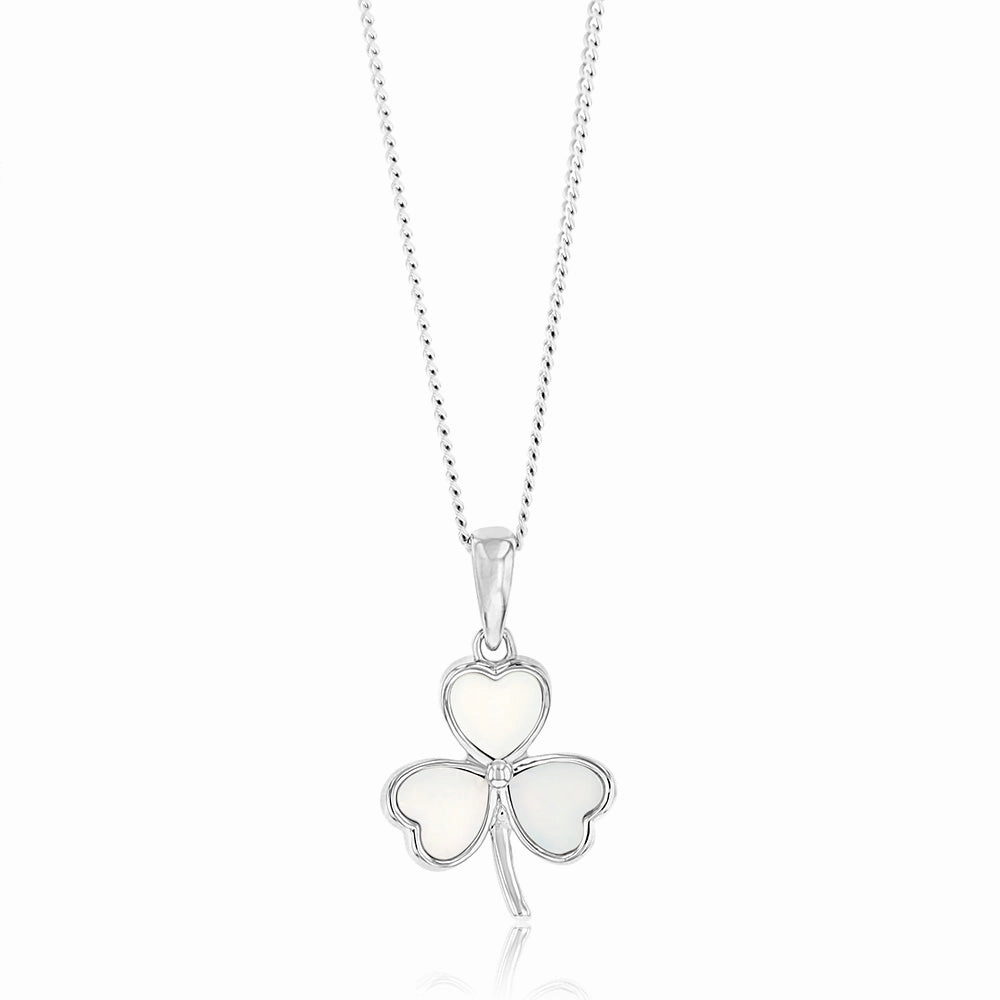 Sterling Silver Rhodium Plated White Shell Pearl Three Leaf Clover Pendant