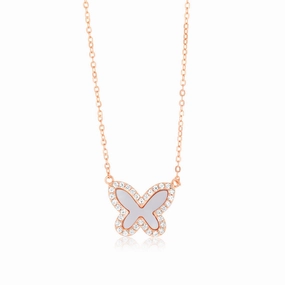 Sterling Silver Rose Gold Plated Cubic Zirconia Pink Shell Pearl Butterfly Pendant On Chain