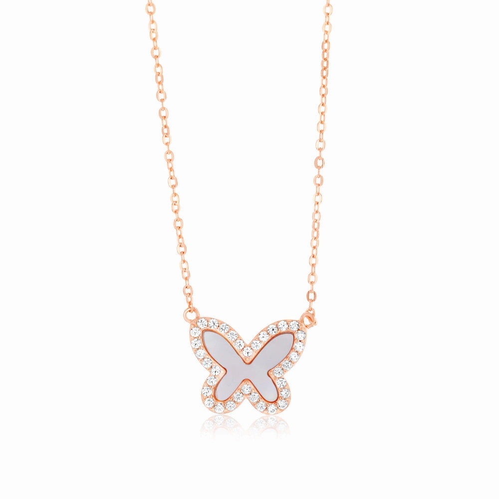 Sterling Silver Rose Gold Plated Cubic Zirconia Pink Shell Pearl Butterfly Pendant On Chain