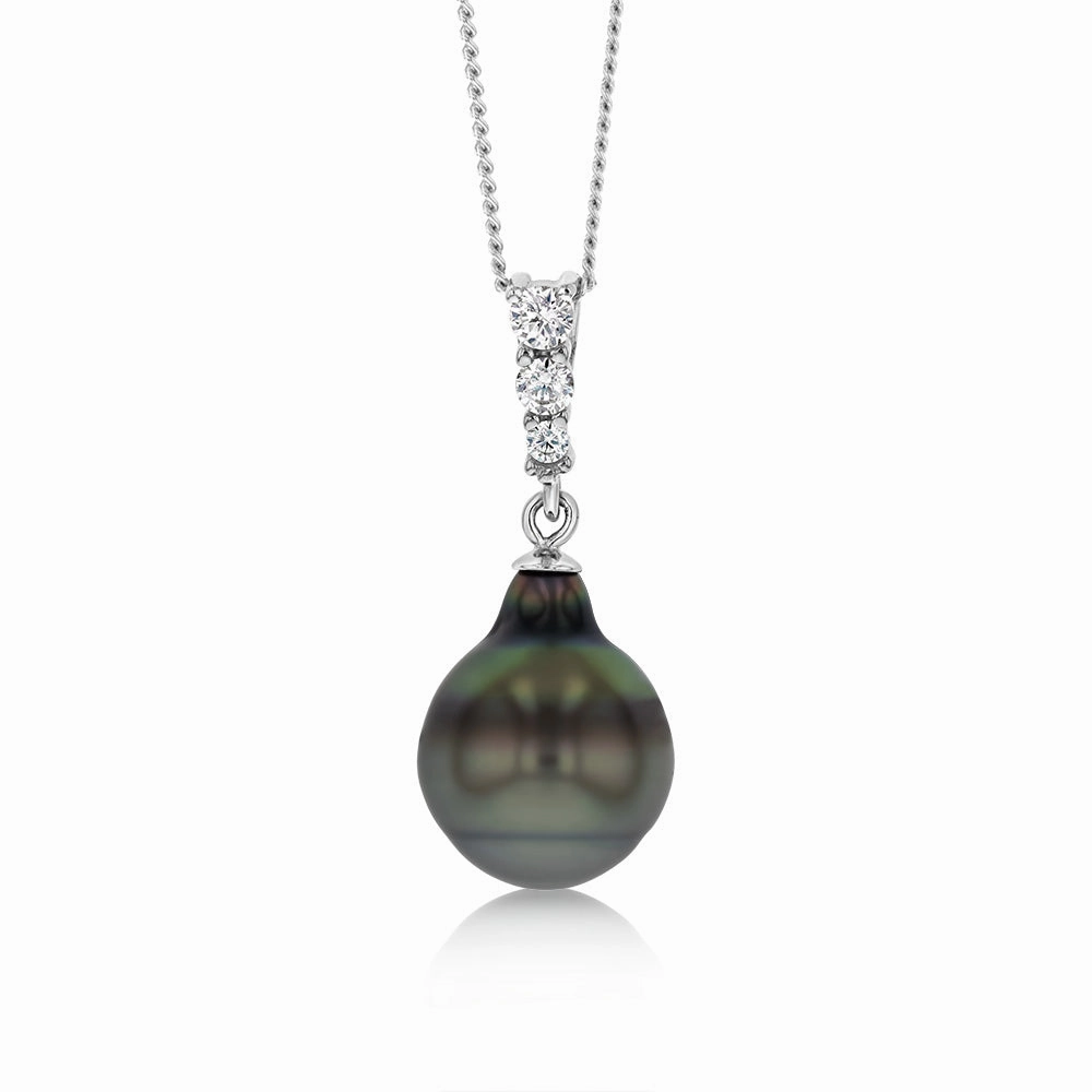 Sterling Silver Tahitian Pearl & Zirconia Pendant