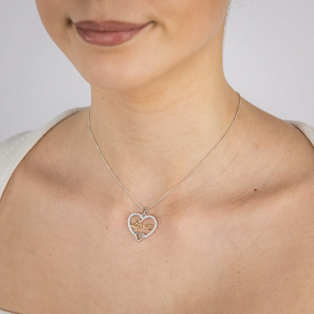Sterling Silver Two Tone Cubic Zirconia "Love" Heart Pendant