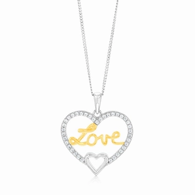 Sterling Silver Two Tone Cubic Zirconia "Love" Heart Pendant