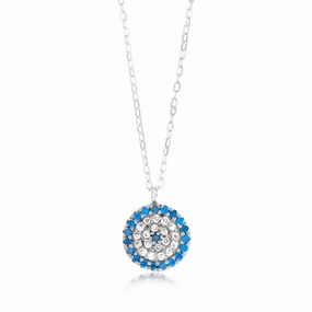 Sterling Silver White And Blue Round Pendant On 45cm Chain