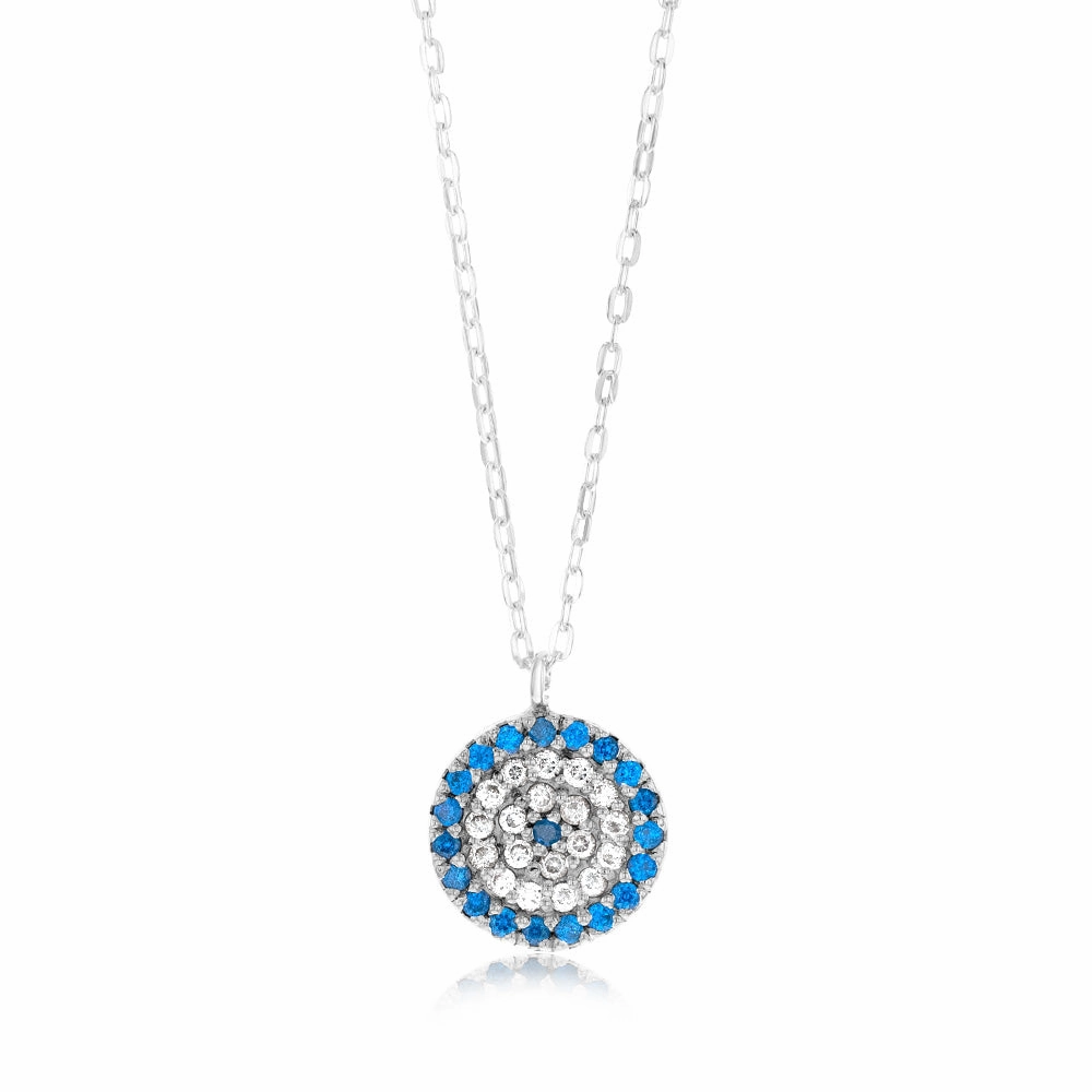 Sterling Silver White And Blue Round Pendant On 45cm Chain