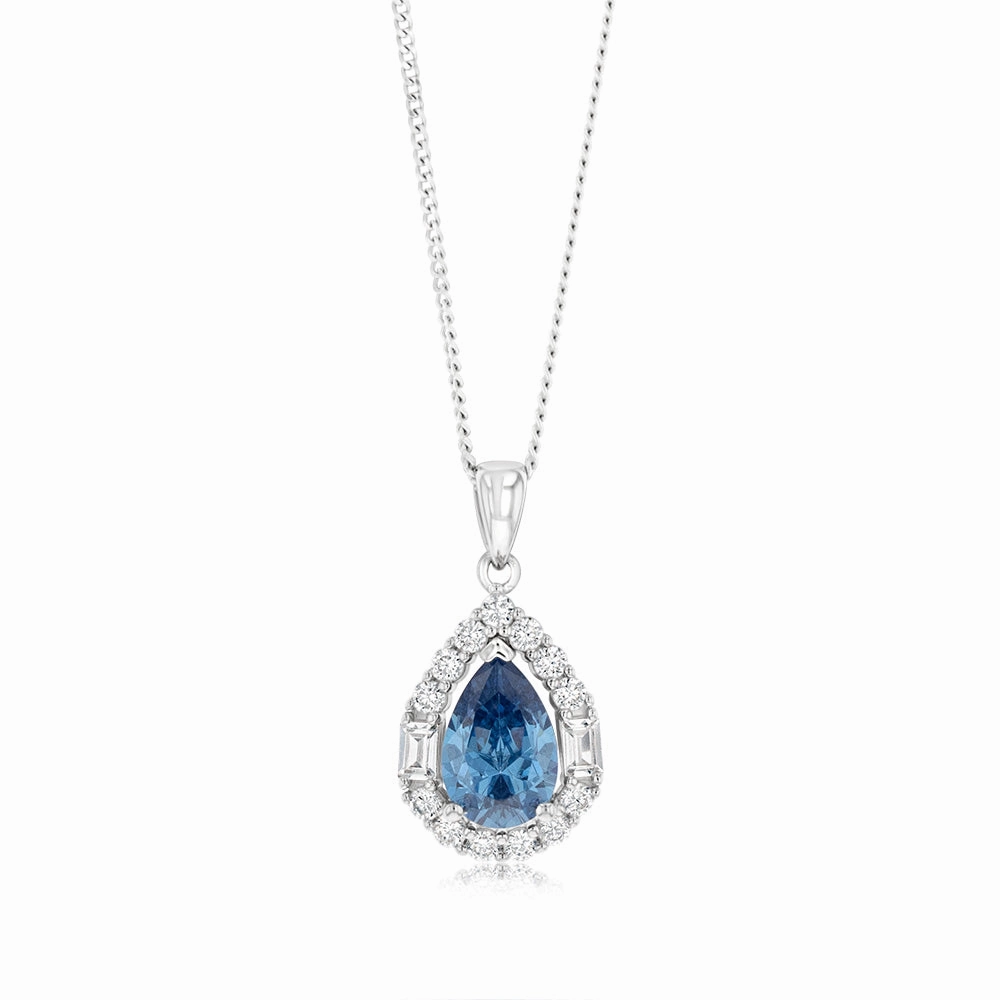 Sterling Silver White And Sapphire Cubic Zirconia Pear Shaped Pendant