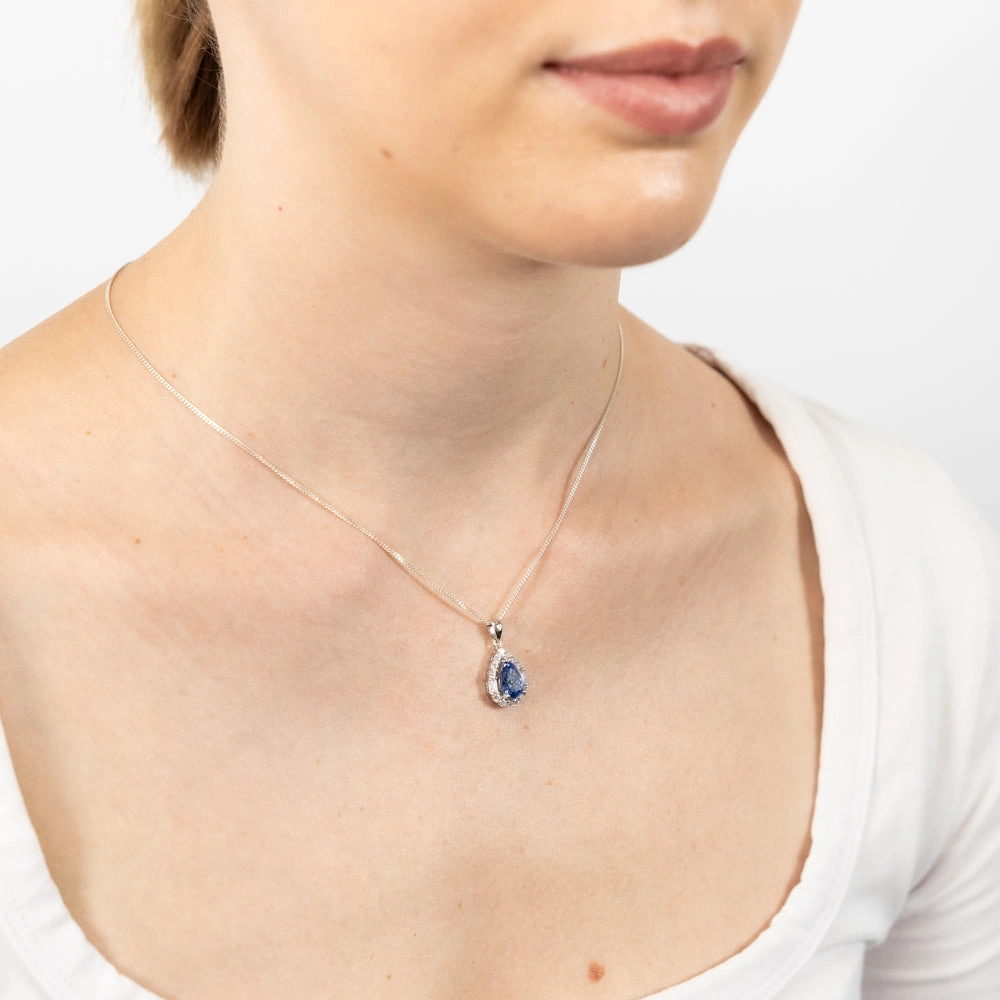 Sterling Silver White And Sapphire Cubic Zirconia Pear Shaped Pendant