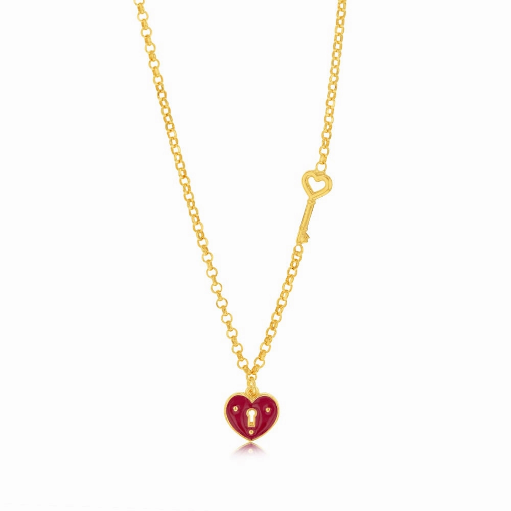 Sterling Silver Yellow Gold Plated Red Heart On 45cm Chain