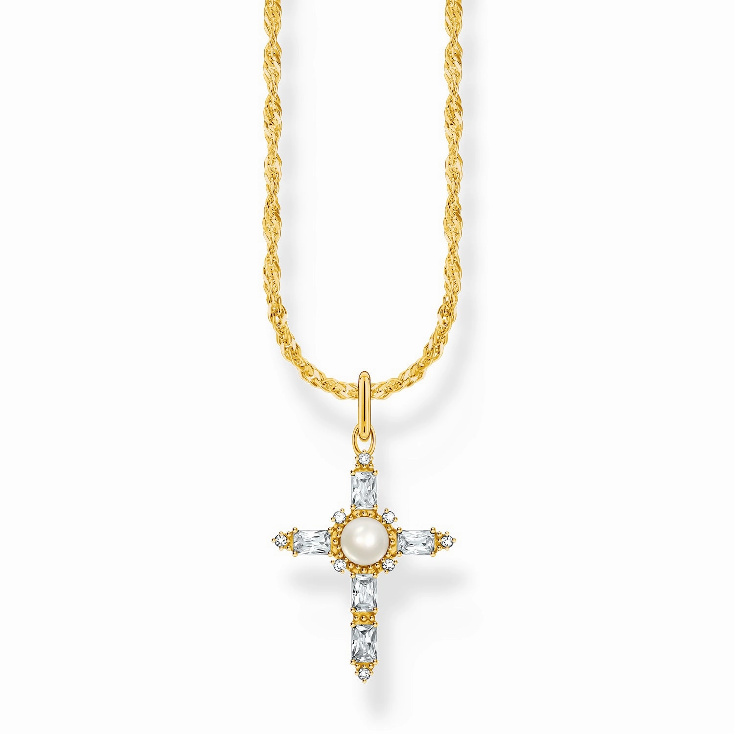 Thomas Sabo Gold Plated Sterling Silver True Romance Cubic Zirconia Pearl Cross Pendant On 40-45cm Chain