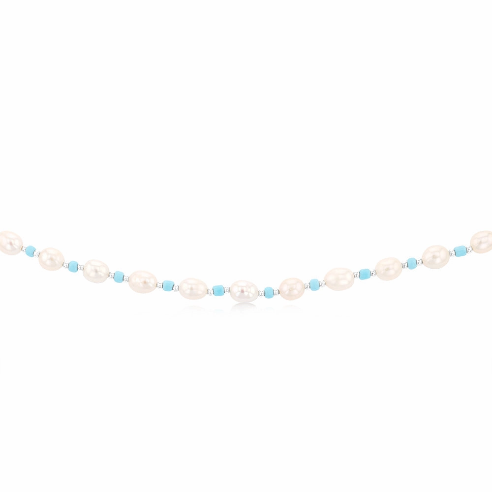 White Freshwater Pearl 42-47cm Adjustable Chain with Blue & Silver Beads in Sterling Silver