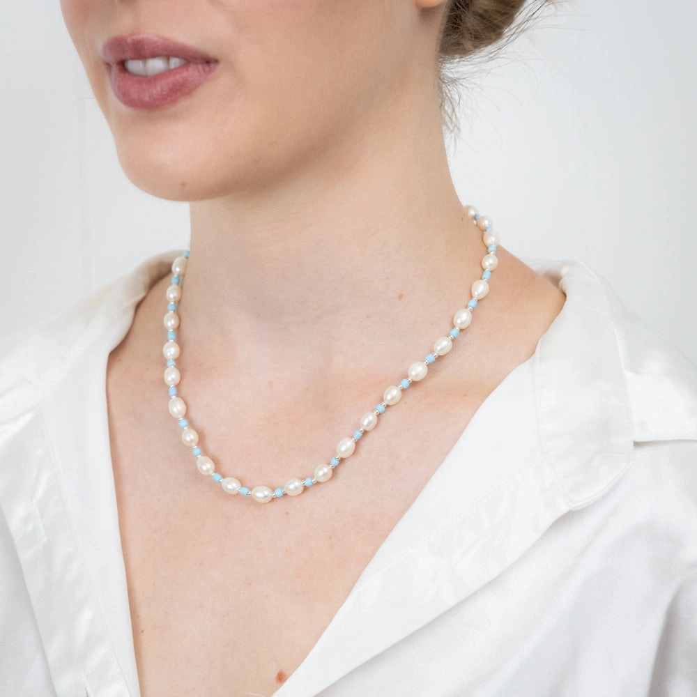 White Freshwater Pearl 42-47cm Adjustable Chain with Blue & Silver Beads in Sterling Silver